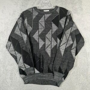Vtg Sweater Adult Size Large Black Gray Geometric Pullover Acrylic Grandpa‎ Area
